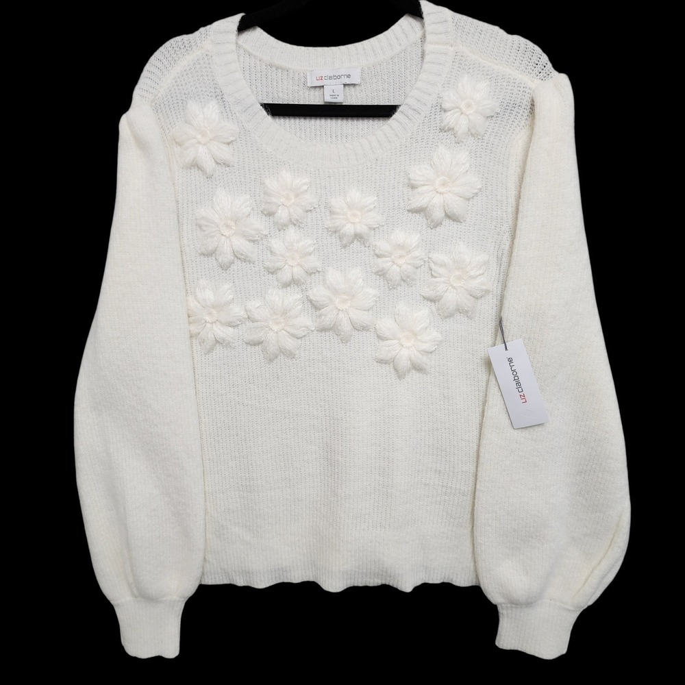 Liz Claiborne Sweater‎ Womens Large Stitched Flowers Cozy Career Feminine NEW